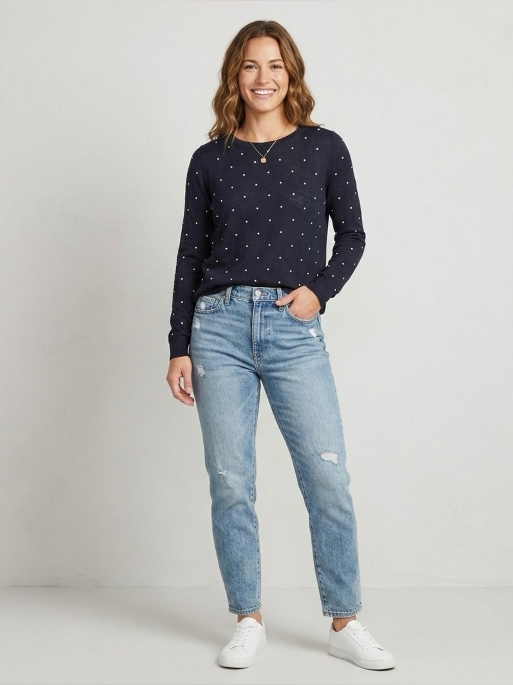 H&M Ladies' Fine-Knit Polka Dot Sweater - Navy Blue Size L